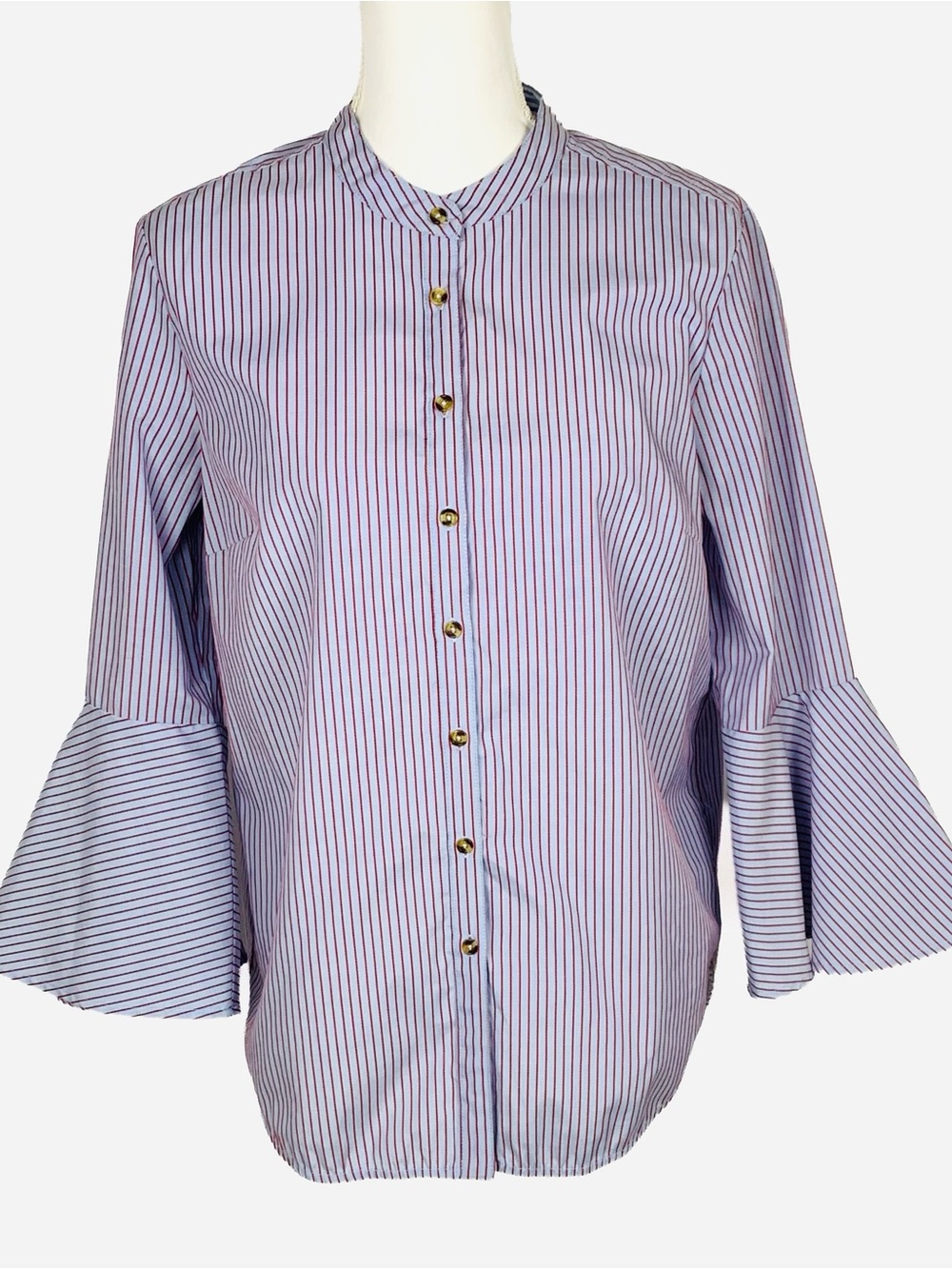 Maeve Poplin Button Up Shirt Women Size 12 Striped Bell Sleeves Collarless